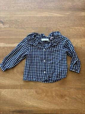 Zara Navy and White Plaid Ruffle Collar Button-Down Top